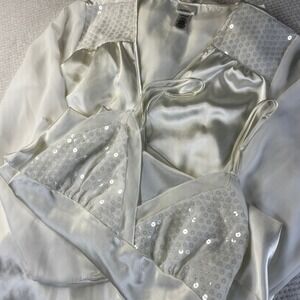 Enchanting Ivory Satin Sequin Mesh V-Neck‎ Chemise Nightgown and Robe Set Medium